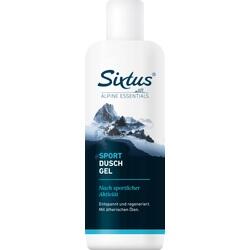 Eine Flasche Sport-Duschgel mit Bergmotiv auf dem Etikett.